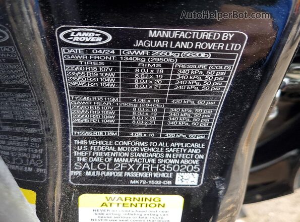 SALCL2FX7RH350205 2024 LAND ROVER DISCOVERY Black VIN კოდის სტიკერის ხედი