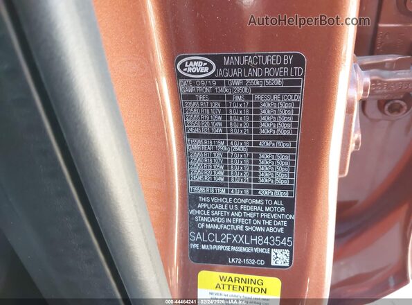 SALCL2FXXLH843545 2020 LAND ROVER DISCOVERY SPORT Orange 