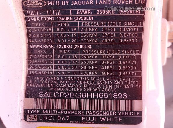 SALCP2BG8HH661893 2017 LAND ROVER DISCOVERY White Widok naklejki z numerem VIN
