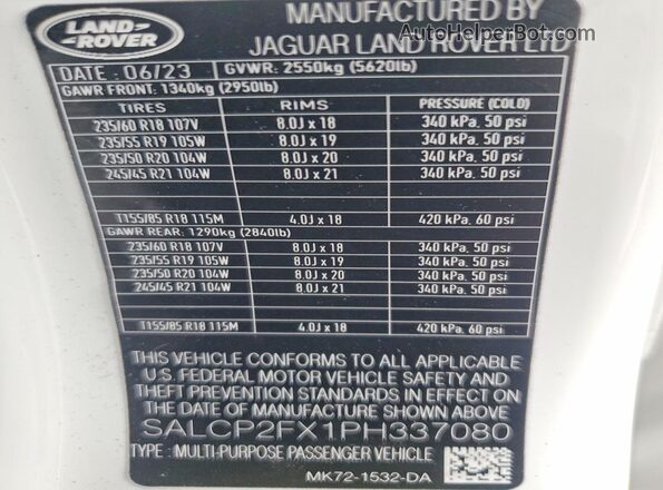 SALCP2FX1PH337080 2023 LAND ROVER DISCOVERY White VIN კოდის სტიკერის ხედი