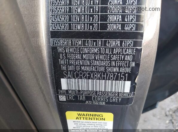 SALCR2FX8KH787151 2019 LAND ROVER DISCOVERY SPORT Gray Vista del compartimento del motor