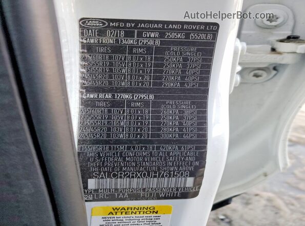 SALCR2RX0JH761508 2018 LAND ROVER DISCOVERY White Vista de la etiqueta del VIN