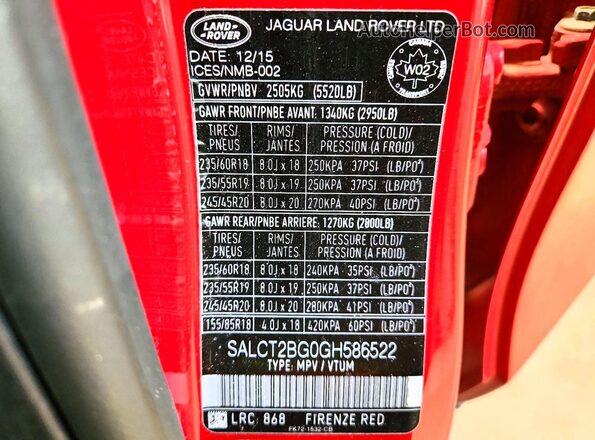 SALCT2BG0GH586522 2016 LAND ROVER DISCOVERY Red VIN կոդի պիտակի տեսք