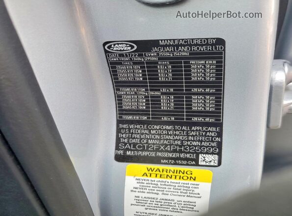 SALCT2FX4PH325999 2023 LAND ROVER DISCOVERY Silver VIN sticker view