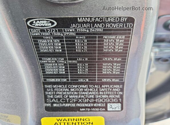SALCT2FX9NH909361 2022 LAND ROVER DISCOVERY Gray Панорамний вид салону 360°