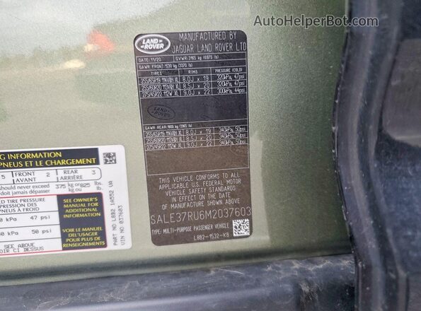 SALE37RU6M2037603 2021 LAND ROVER DEFENDER Green VIN კოდის სტიკერის ხედი