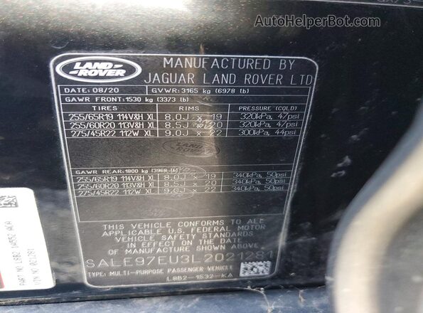 SALE97EU3L2021281 2020 LAND ROVER DEFENDER Black 