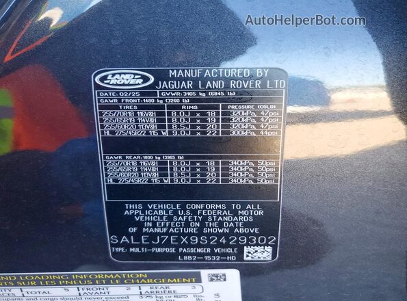 SALEJ7EX9S2429302 2025 LAND ROVER DEFENDER Gray Widok naklejki z numerem VIN