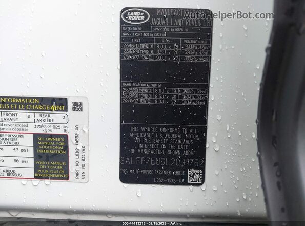 SALEP7EU6L2031762 2020 LAND ROVER DEFENDER White Вид підкапотного простору