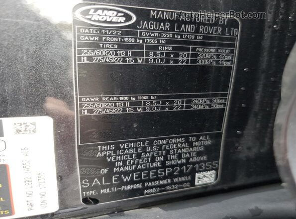 SALEWEEE5P2171355 2023 LAND ROVER DEFENDER Charcoal VIN კოდის სტიკერის ხედი