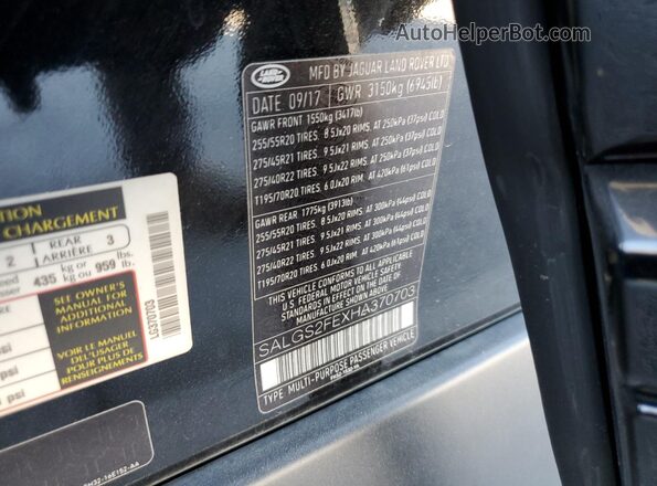 SALGS2FEXHA370703 2017 LAND ROVER RANGE Black VIN კოდის სტიკერის ხედი