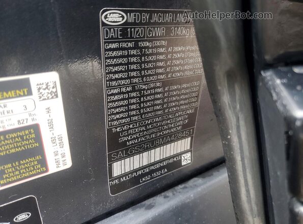 SALGS2RU8MA428451 2021 LAND ROVER RANGE Gray 