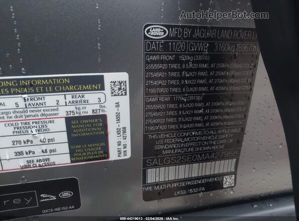 SALGS2SE0MA427958 2021 LAND ROVER RANGE ROVER Gray Շարժիչի բաժամունքի տեսք