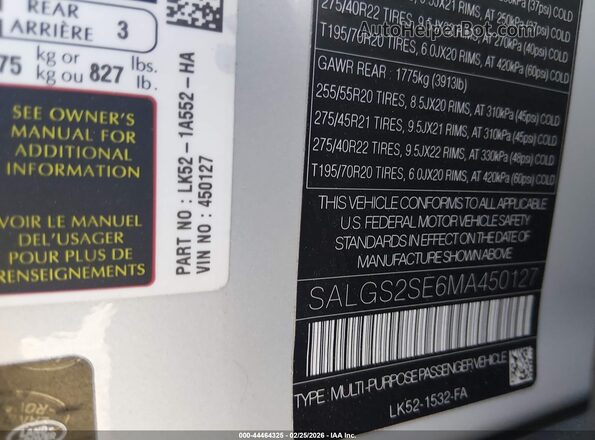 SALGS2SE6MA450127 2021 LAND ROVER RANGE ROVER Серебряный Вид подкапотного пространства