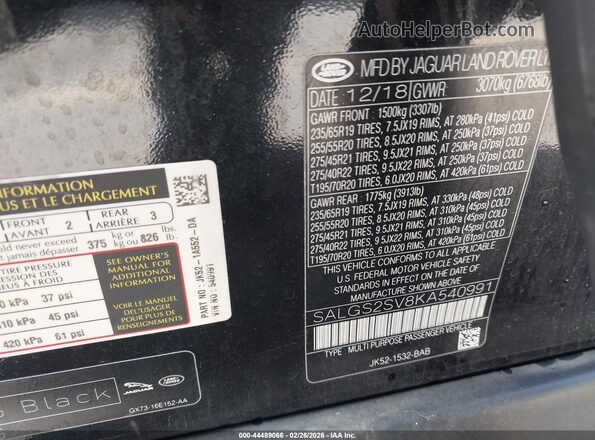 SALGS2SV8KA540991 2019 LAND ROVER RANGE ROVER Black Widok komory silnika