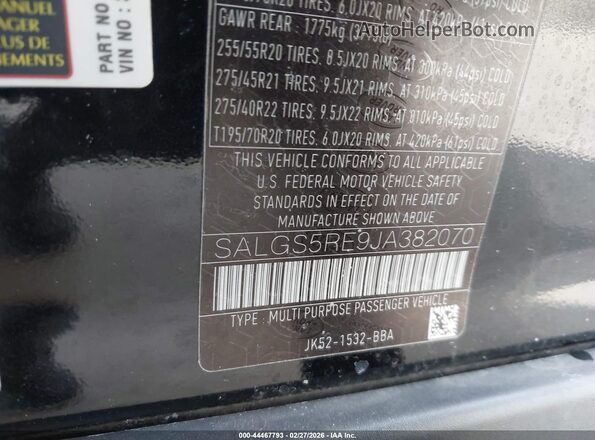 SALGS5RE9JA382070 2018 LAND ROVER RANGE ROVER Black 