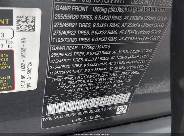 SALGS5SE4LA582724 2020 LAND ROVER RANGE ROVER Серый Вид подкапотного пространства