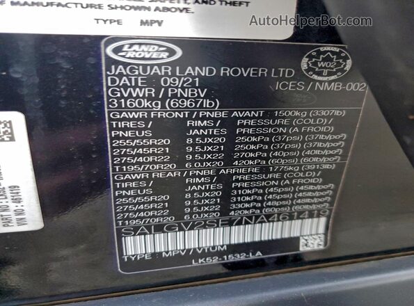 SALGV2SE7NA461419 2022 LAND ROVER RANGE Черный 