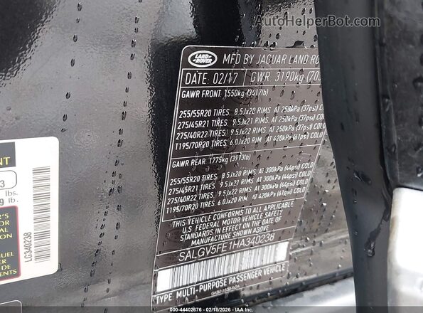 SALGV5FE1HA340238 2017 LAND ROVER RANGE ROVER Черный Вид подкапотного пространства