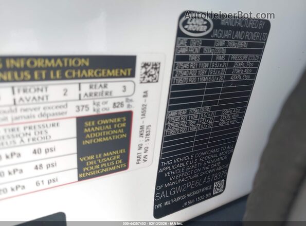 SALGW2RE6LA578375 2020 LAND ROVER RANGE ROVER White Вид підкапотного простору