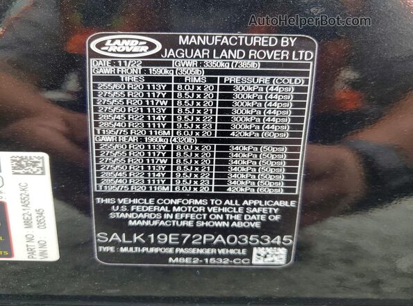 SALK19E72PA035345 2023 LAND ROVER RANGE Black Vista interior de 360 grados