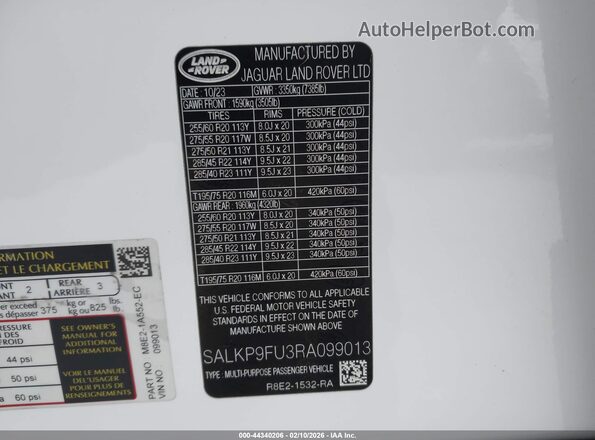 SALKP9FU3RA099013 2024 LAND ROVER RANGE ROVER White Widok komory silnika