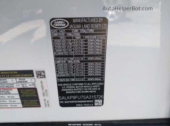 SALKP9FU7SA315726 2025 LAND ROVER RANGE ROVER White ძრავის განყოფილების ხედი