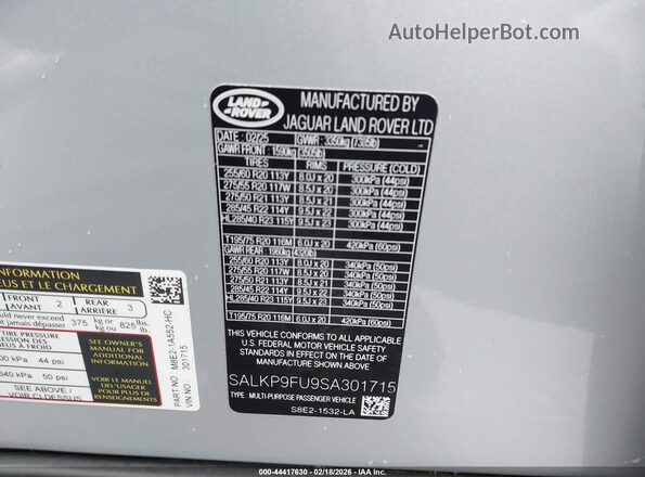 SALKP9FU9SA301715 2025 LAND ROVER RANGE ROVER Silver Вид підкапотного простору
