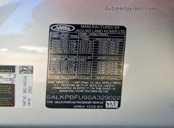 SALKPBFU9SA329022 2025 LAND ROVER RANGE Серый 