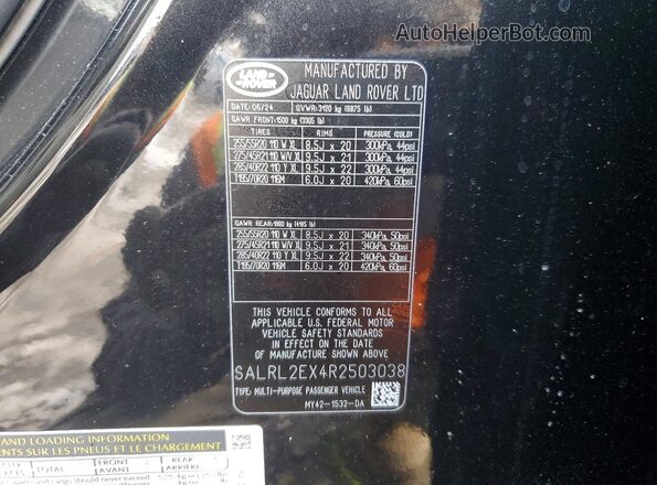 SALRL2EX4R2503038 2024 LAND ROVER DISCOVERY Black VIN კოდის სტიკერის ხედი