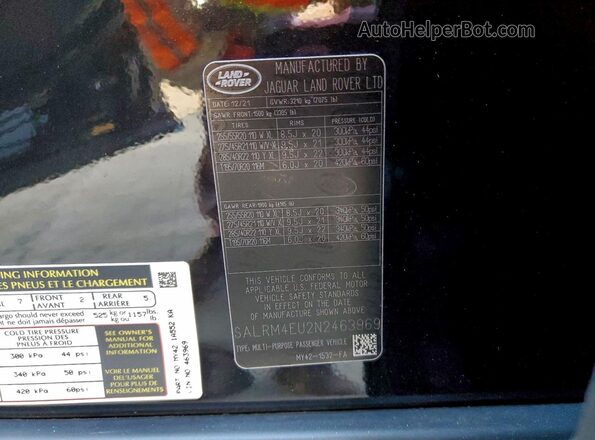 SALRM4EU2N2463969 2022 LAND ROVER DISCOVERY Black VIN կոդի պիտակի տեսք
