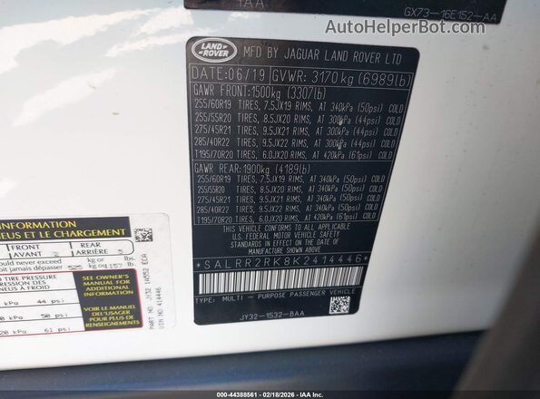 SALRR2RK8K2414446 2019 LAND ROVER DISCOVERY Белый 