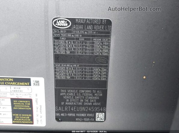 SALRT4EU9N2459548 2022 LAND ROVER DISCOVERY Gray ძრავის განყოფილების ხედი