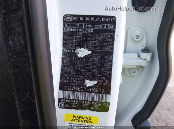 SALVP2BG0HH169013 2017 LAND ROVER RANGE ROVER EVOQUE White Вид підкапотного простору