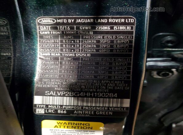 SALVP2BG4HH190284 2017 LAND ROVER RANGE Green ძრავის განყოფილების ხედი