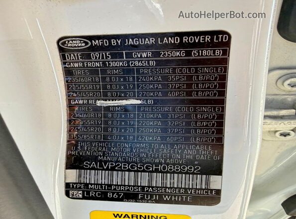 SALVP2BG5GH088992 2016 LAND ROVER RANGE White უკანა სალონის ხედი