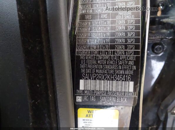 SALVP2RX2KH346416 2019 LAND ROVER RANGE ROVER EVOQUE Black Вид підкапотного простору