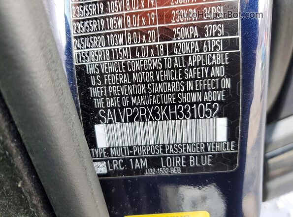 SALVP2RX3KH331052 2019 LAND ROVER RANGE Blue სალონის 360-გრადუსიანი ხედი