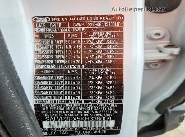 SALVP2RX5KH336009 2019 LAND ROVER RANGE Белый Вид наклейки с VIN-кодом