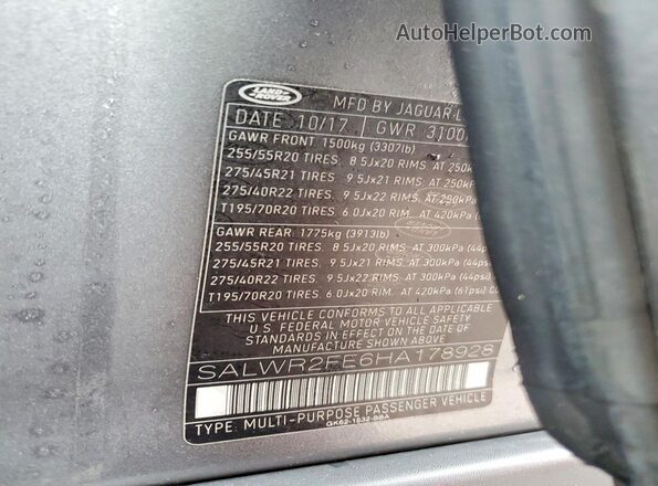 SALWR2FE6HA178928 2017 LAND ROVER RANGE Charcoal VIN კოდის სტიკერის ხედი