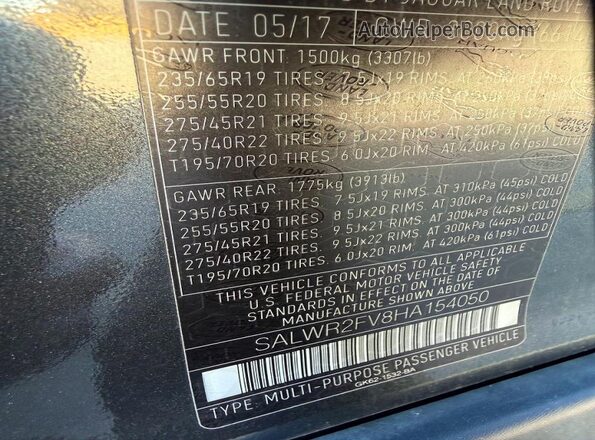 SALWR2FV8HA154050 2017 LAND ROVER RANGE ROVER Charcoal Vista interior trasera