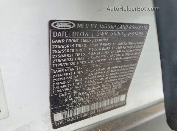 SALWR2KF1GA577338 2016 LAND ROVER RANGE White VIN sticker view