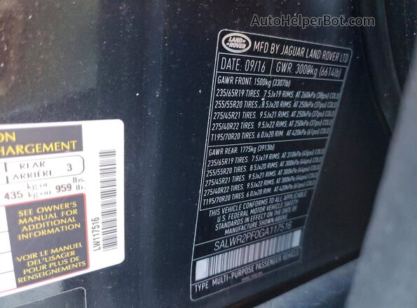 SALWR2PF0GA117516 2016 LAND ROVER RANGE Charcoal VIN კოდის სტიკერის ხედი