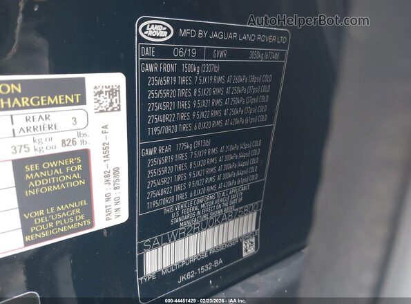 SALWR2RU0KA875800 2019 LAND ROVER RANGE ROVER SPORT Black Engine compartment view