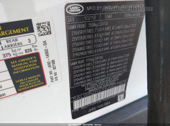 SALWR2RVXKA827908 2019 LAND ROVER RANGE ROVER SPORT White Widok komory silnika