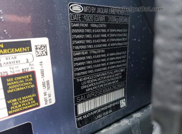 SALWR2SE6MA762665 2021 LAND ROVER RANGE Blue 