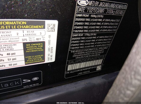SALWR2SE8NA221019 2022 LAND ROVER RANGE ROVER SPORT Black Вид підкапотного простору