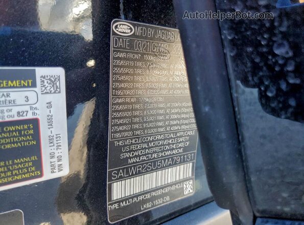 SALWR2SU5MA791131 2021 LAND ROVER RANGE Black Вид наклейки з VIN-кодом