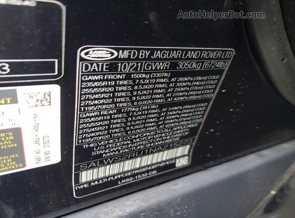 SALWS2RU1NA215273 2022 LAND ROVER RANGE Blue VIN կոդի պիտակի տեսք