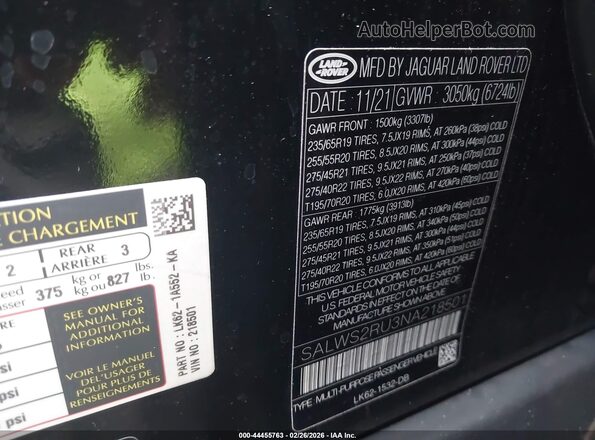 SALWS2RU3NA218501 2022 LAND ROVER RANGE ROVER SPORT Black Engine compartment view